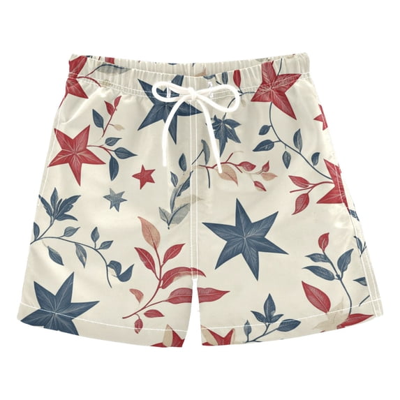 Kids' Beach Pants Comfortable Swim Trunks Red and Blue Leafy Designs Shorts for Pool Vacation and Lounge Wear X-Small