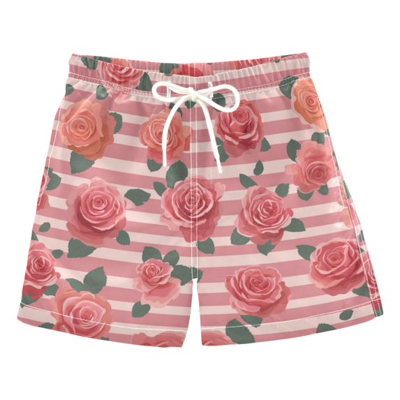 Kids' Beach Pants Comfortable Swim Trunks Roses and Stripes Pattern Shorts for Pool Vacation and Lounge Wear 2T