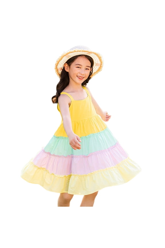 Kids Beach Playsuit Toddler Little Girls Summer Rainbow Hem Frilly Dress Casual Cake Suspender Rainbow Skirt