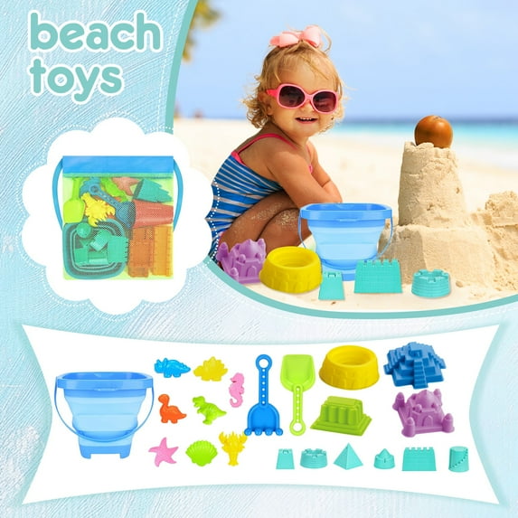 Kids Beach Toy Set with Sand Bucket, Shovel & 6 Shape Molds – Vibrant Plastic Sand Play Kit for Creative Outdoor Fun at Beach, Park or Backyard – Ages 3-8