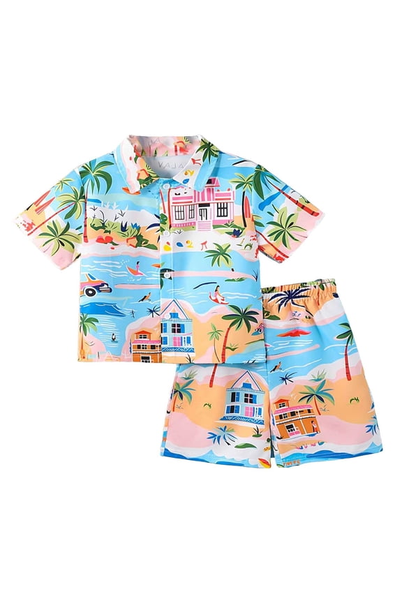 Kids Beachwear Set Summer Coconut Tree Print Short Sleeve Shirt Swim Shorts Outfit for Seaside Travel Blue 2 Years-3 Years