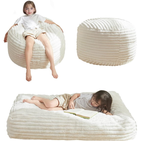 Kids Bean Bag Chair Bed, Convertible Bean Bag Bed for Girls & Boys, Baby Bean Bag Chair Lounger to Floor Mattress, Faux Fur Children Sofa Couch with Filler, Washable Cover, Beige