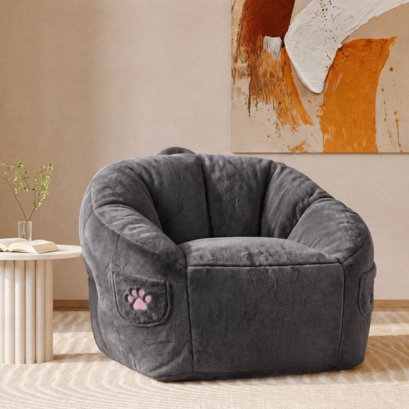 Kids Bean Bag Chair, Floral Shaped Bean Bag Sofa, Plush Faux Fur Toddler Couch with Petal Backrest for Boys Girls, Stuffed Cozy Sofa for Nursery, Bedroom,Dark Gray