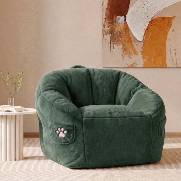 Kids Bean Bag Chair, Floral Shaped Bean Bag Sofa, Plush Faux Fur Toddler Couch with Petal Backrest for Boys Girls, Stuffed Cozy Sofa for Nursery, Bedroom,Green