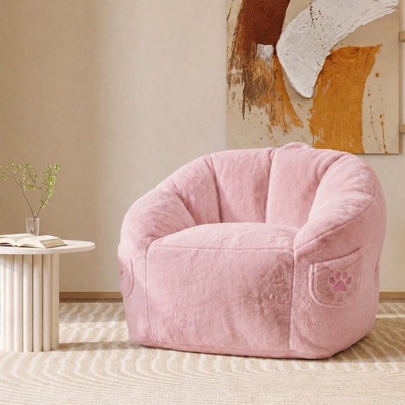 Kids Bean Bag Chair, Floral Shaped Bean Bag Sofa, Plush Faux Fur Toddler Couch with Petal Backrest for Boys Girls, Stuffed Cozy Sofa for Nursery, Bedroom,Pink