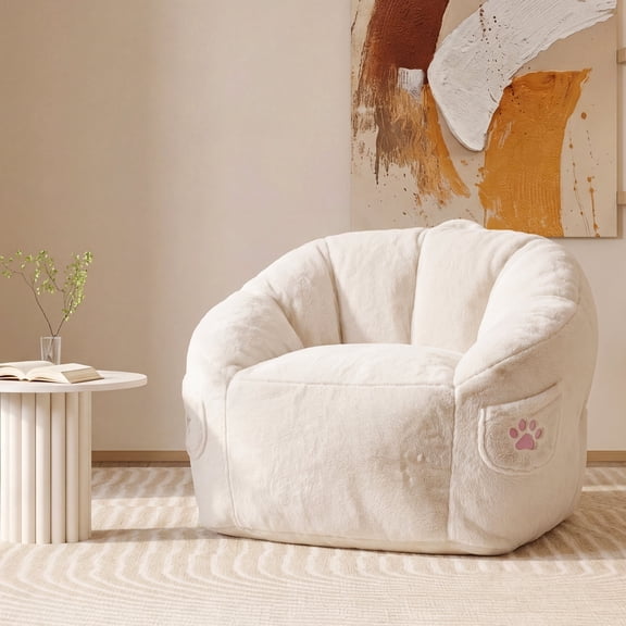 Kids Bean Bag Chair, Floral Shaped Bean Bag Sofa, Plush Faux Fur Toddler Couch with Petal Backrest for Boys Girls, Stuffed Cozy Sofa for Nursery, Bedroom,White