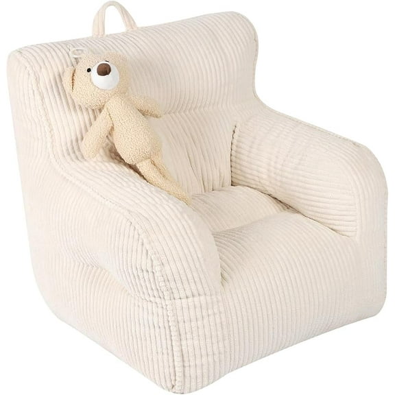 Kids Bean Bag Chair with Plush Bear, Comfy Toddler Floor Sofa for Boys & Girls, Beige, Soft Chair for Playroom or Bedroom