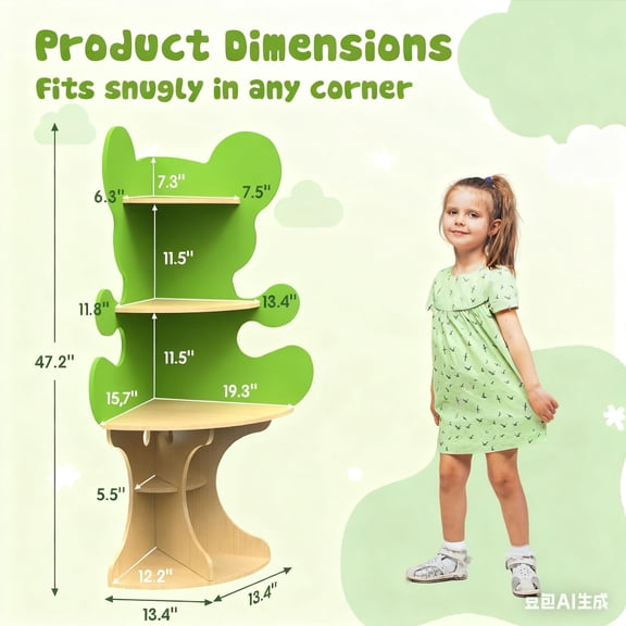 Kids Bear Bookshelf Corner Storage Unit, 16-Shelf Montessori Nursery Furniture for Toddlers, Grass Green
