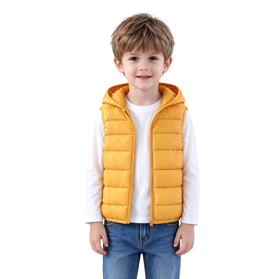 Kids Bear Ear Hooded Puffer Vest Boys Girls Sleeveless Quilted Warm Gilet Full Zip Lightweight Padded Vest for Toddlers Fall Winter School Daily Outdoor Wear(3-4 Years,Yellow)