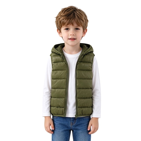 Kids Bear Ear Hooded Puffer Vest Boys Girls Sleeveless Quilted Warm Gilet Full Zip Lightweight Padded Vest for Toddlers Fall Winter School Daily Outdoor Wear(3-4 Years,Army Green)