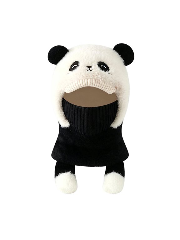 Kids Bear Face Hats Fluffy Mask Winter Warm Hooded Scarf with Ear Flaps Cute One Piece Neck Warmer