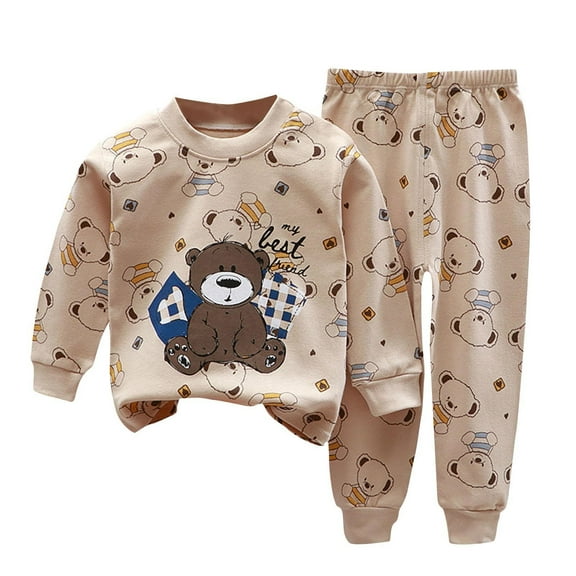 Kids Bear Print Pajama Set Long Sleeve Cotton Blend Top & Elastic Waist Pants Boys Girls Sleepwear Two-Piece Loungewear for Summer Bear Print Pajamas
