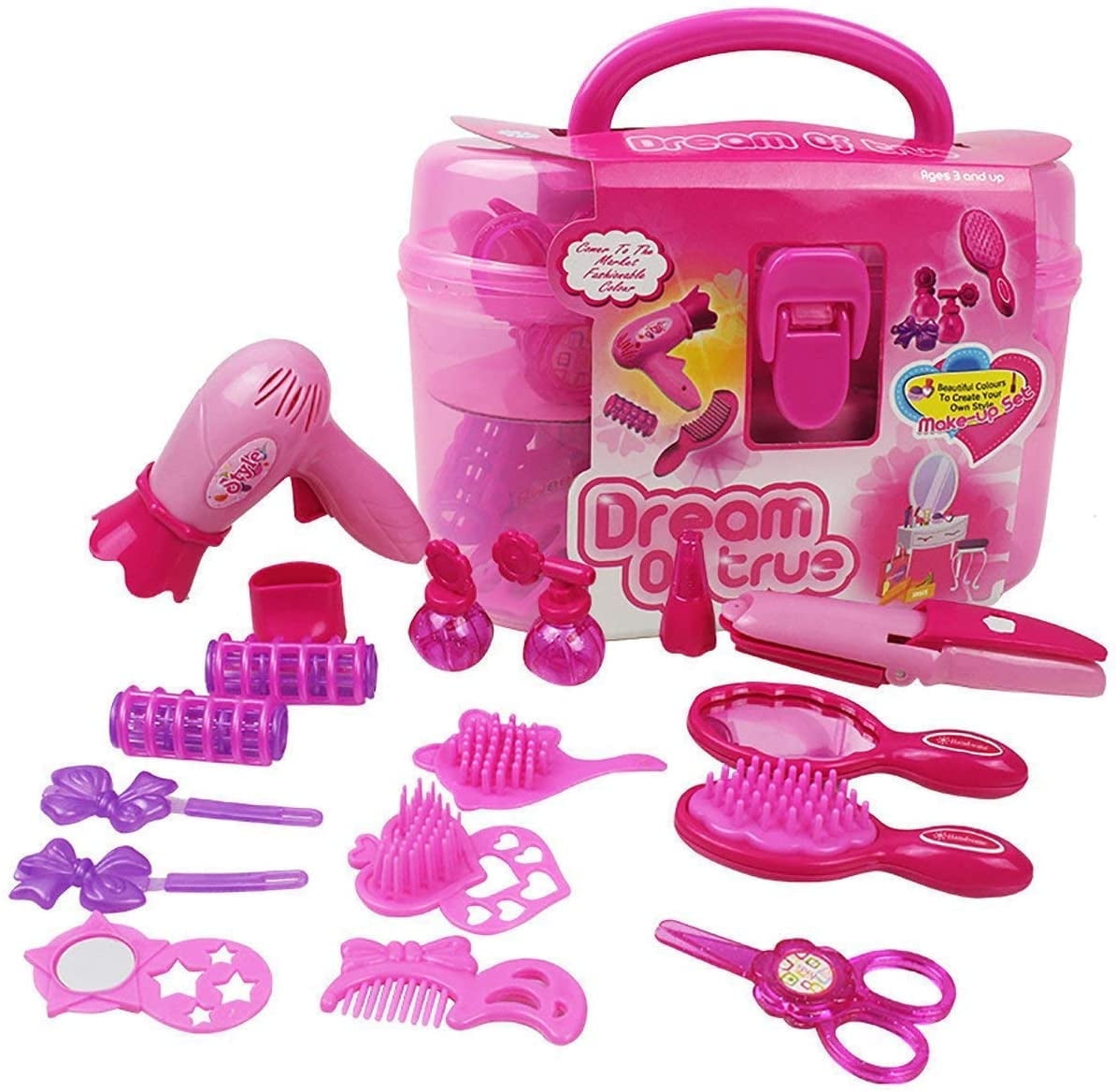 TiokMc Kids Beauty Salon Pretend Play Makeup Kit for Girls, 17pcs Hair Styling Set with Brush, Mirror, Hairdryer & Accessories for Ages 1-8