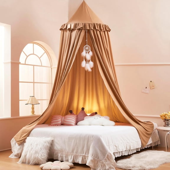 Kids Bed Canopy for Crib & Twin Size with Ruffles Dreamcatcher, Boys Princess Girls Nursery Room Decor Toddler Baby Dome Round Hanging Tent Curtains Skirt Over Bed Reading Nook Play Nougat