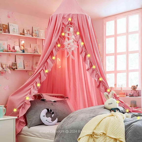 Kids Bed Canopy, Dreamy Frills Canopy for Girls Bedroom Soft Ceiling Hanging Decoration Princess Canopy Net Reading Nook, Extra Large Full Size Bed Canopies with Light - Pink