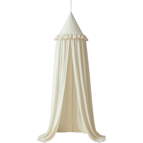 Kids Bed Canopy with Ruffles, Pastel Neutral Color for Boys & Girls, Frilled Cotton Tent Nursery Room Baby Crib Hanging Curtain Mosquito Netting Children Reading Nook Decoration (Ivory)