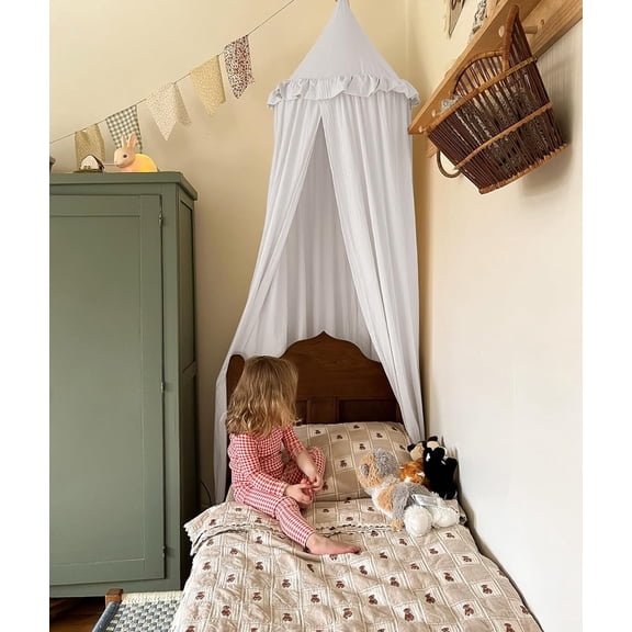 Kids Bed Canopy with Frills Cotton Cover Net for Crib Reading Nook Curtain Hideaway Hanging Round Tent Nursery Bedding Play Room Decor