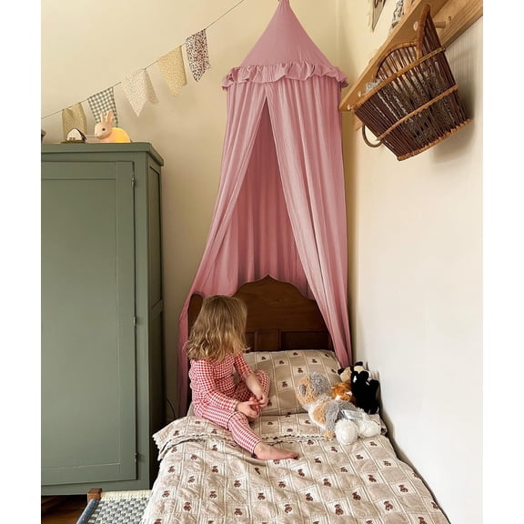 Kids Bed Canopy with Frills Cotton Cover Net for Crib Reading Nook Curtain Hideaway Hanging Round Tent Nursery Bedding Play Room Decor