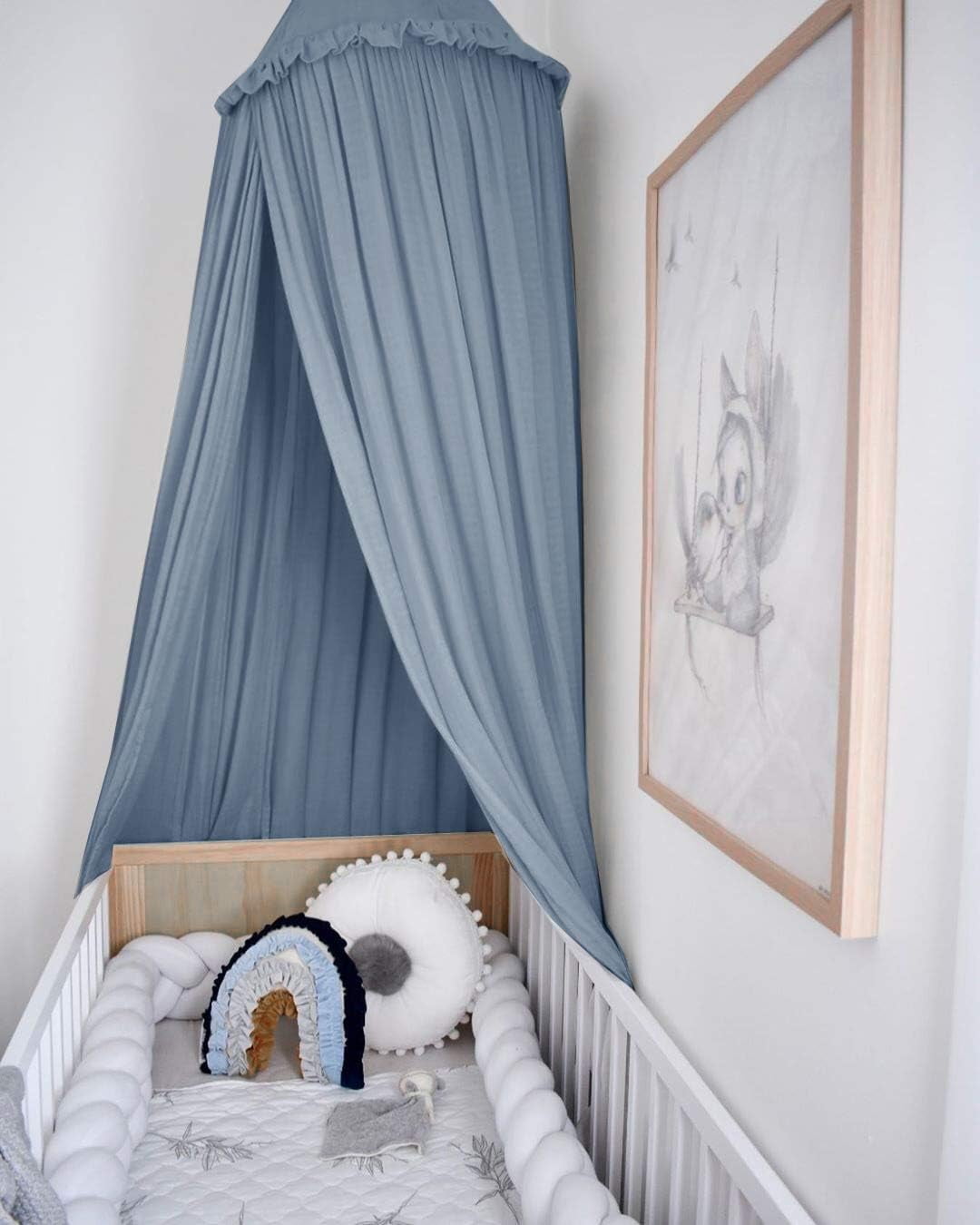 Kids Bed Canopy with Frills Cotton Hanging Tent Curtain Net for Reading Nook Hideaway Bedding Play Room Decor(Blue)