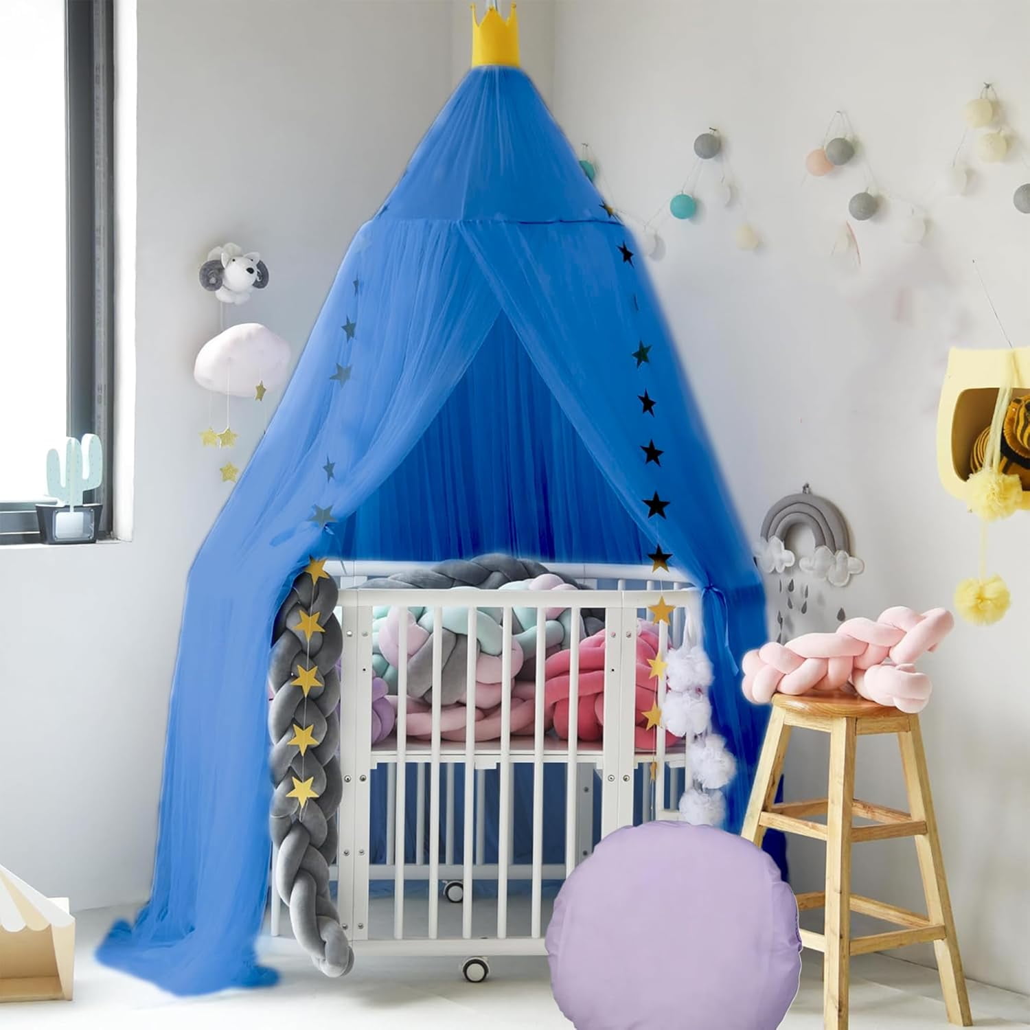 Kids Bed Canopy with Stars:Breathable Canopy Bed Curtains,Hanging Net Crown Bed Tent,Princess Room Decor for Kid's Room,Nursery,Reading Nook (Blue)