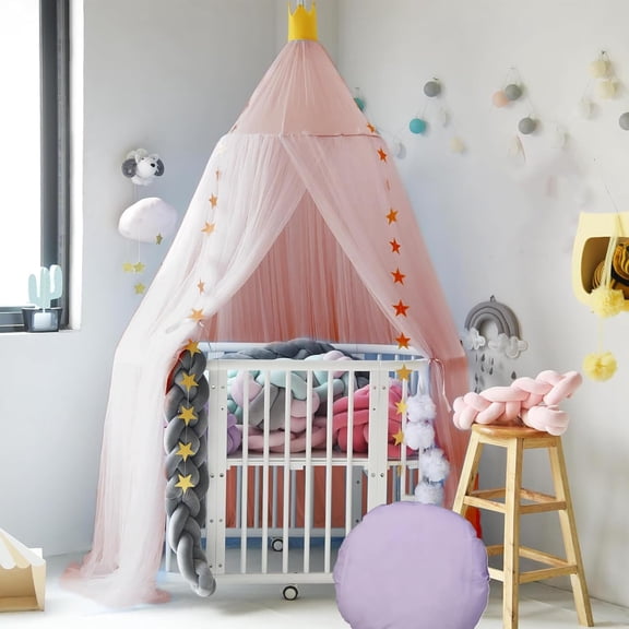 Kids Bed Canopy with Stars:Breathable Canopy Bed Curtains,Hanging Net Crown Bed Tent,Princess Room Decor for Kid's Room,Nursery,Reading Nook (Pink)