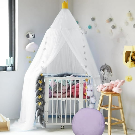 Kids Bed Canopy with Stars:Breathable Canopy Bed Curtains,Hanging Net Crown Bed Tent,Princess Room Decor for Kid's Room,Nursery,Reading Nook (White)