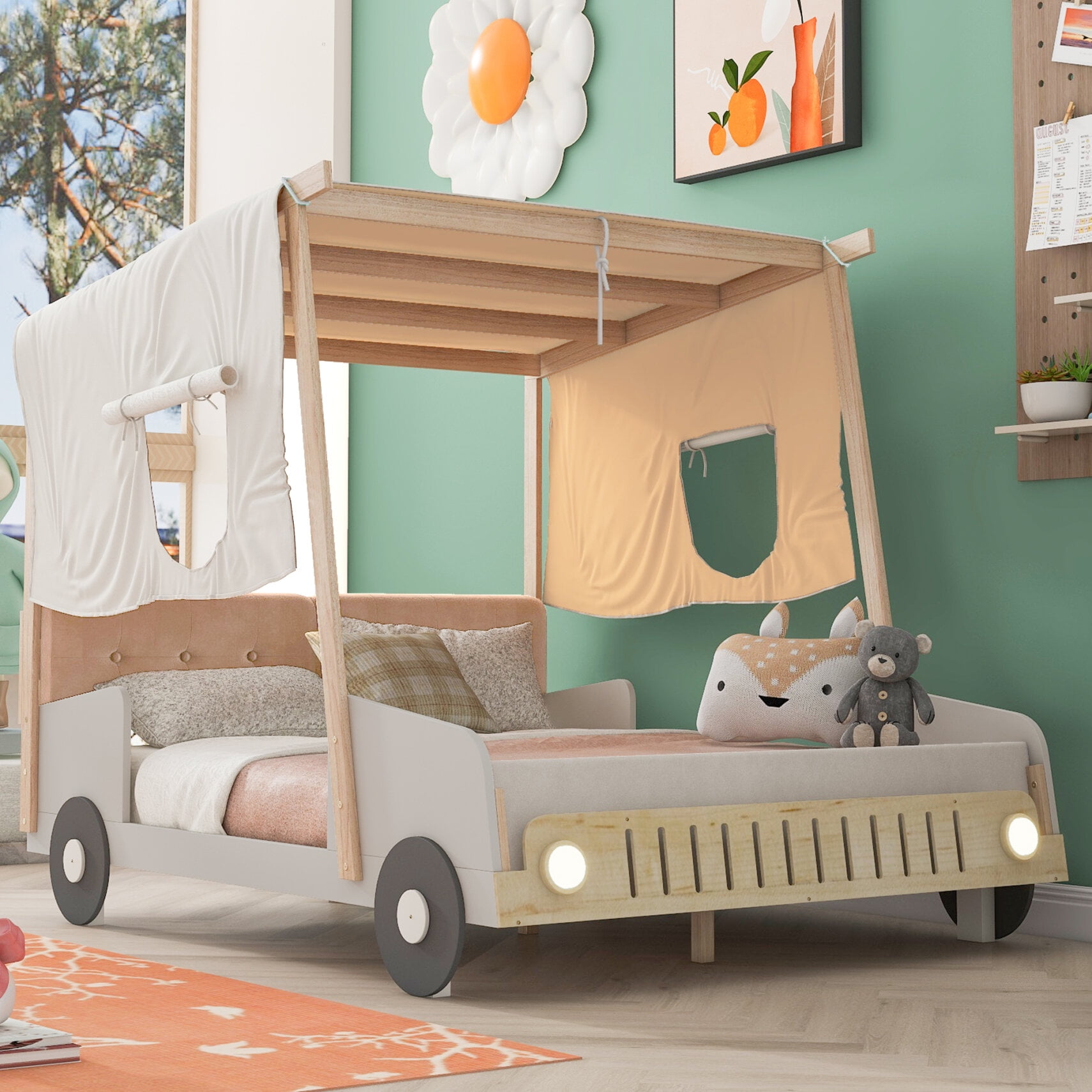 Kids Bed Frame Full Size, Car Bed for Boys Girls with Removable Tent