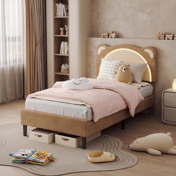 Kids Bed Frame with LED Lights & Storage Drawer, Cat Ear Headboard, Pink | RGB LED Music-Sync Light, App/Remote Control, No Box Spring, Storage Drawer, Noise-Free Slats, Robot Vacuum Clearance