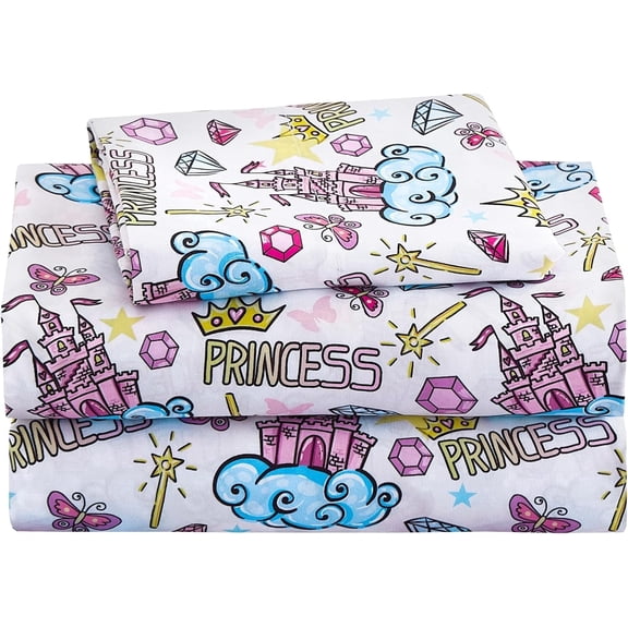 Kids Bed Sheet Set, 3-Piece Twin Sheets Set, Microfiber Fitted Sheet with 15 Inches Deep Pocket and Corner Straps, Castle Diamond Printed