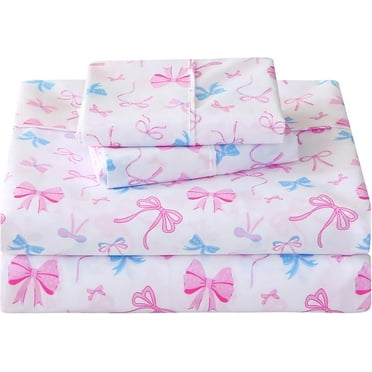 Kids Bed Sheet Set, Girls Full Size Kids Sheets, Microfiber Fitted Sheet and Pillowcase, Breathable and Silky Soft, 4 Piece Colourful Bowknot Printed Full Bed Sheet