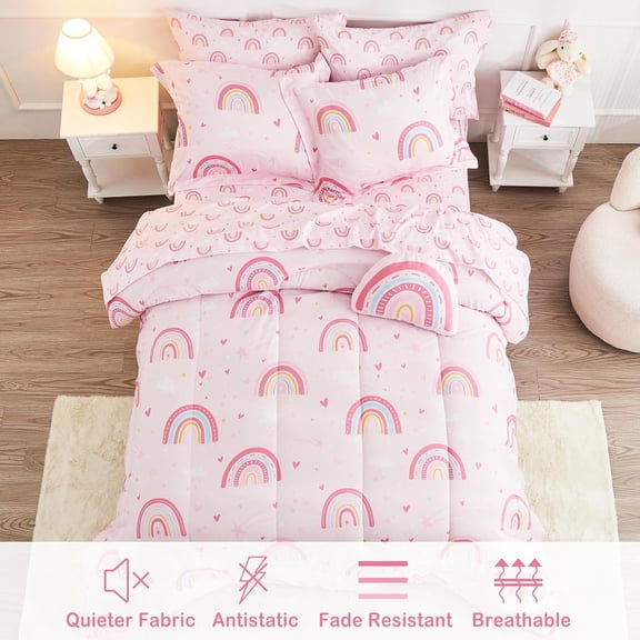 Kids Bed in a Bag Twin Size Comforter Set with Sheets and Shams, Pink Rainbow Microfiber Bedding for Girls