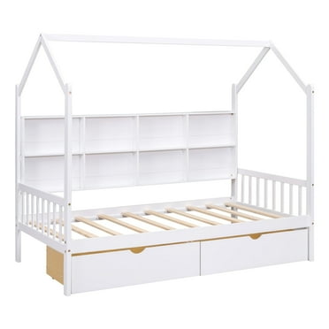 Kids Bed with Storage Shelf White - Twin