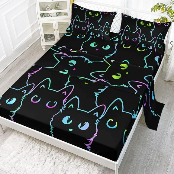 Kids Bedding Cute Cat Sheet Set Twin Size, Gradient Line, 4Pcs Kawaii Cat Bed Sets with 1 Fitted Sheet 1 Flat Sheet 2 Pillowcases for Kids Boys Girls Adults Teens, Black
