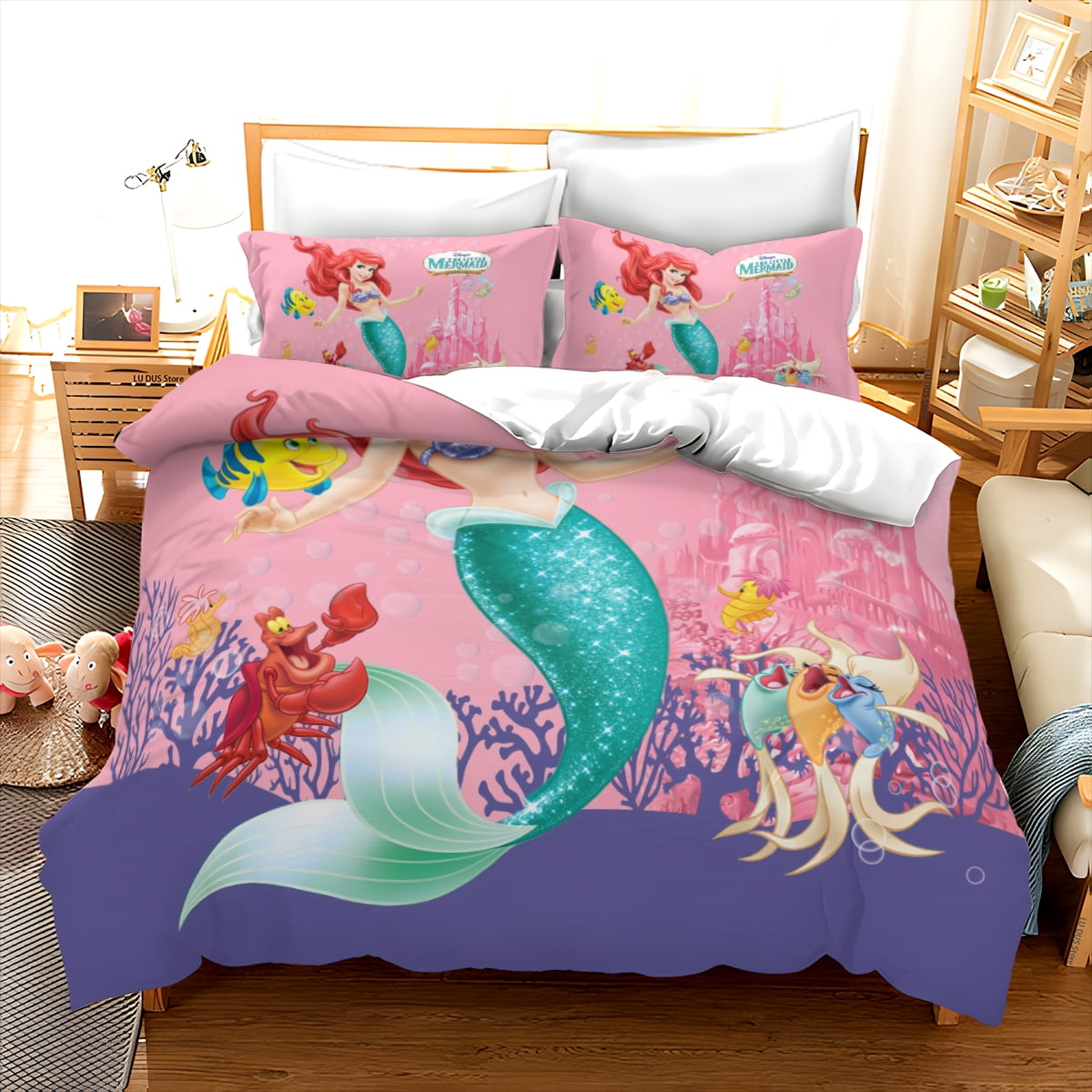 Kids Bedding Set Girls Mermaid Ariel Duvet Cover and 2 Pillow Cases 3 Pieces Full