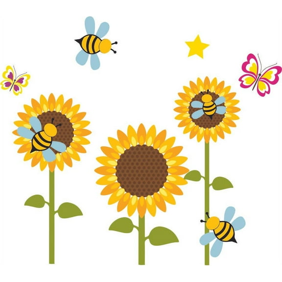 Kids Bedroom Art Multicolored Decal Butterflies Sunflowers And Bees Design Removable Vinyl Wall Decal - 20" x 20" DIY Stick And Peel Home Bedroom Living Room Flowers & Insects Wall Decor Sticker