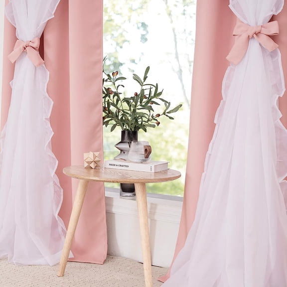 Kids Bedroom Curtains Blush Pink - Double Layer Ruffle Drapes, Sheer Overlay, Room Darkening Panels for Girls, Pretty Princess Decor