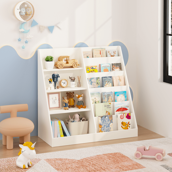 Kids Bedroom Furniture Kids Bookshelf and Toy Storage Organizer, Multifunctional 4 Tier Wooden Kids Book Shelf with Bookcase Display Stand in Kids Room Playroom Nursery for Kids, Children, Toddlers