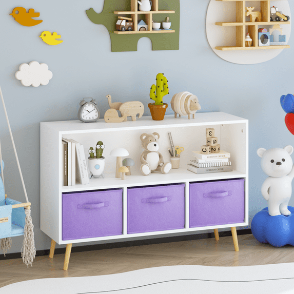 Kids Bedroom Furniture Kids bookcase with Collapsible Fabric Drawers, Children's Book Display, Toy Storage Cabinet Organizer, White/Purple,Baby Cribs