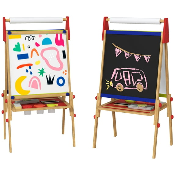 Kids Bedroom Furniture Qaba Easel for Kids, 3 in 1 Kids Art Easel with Paper Roll, Whiteboard, Chalkboard, Double Sided & Adjustable Height Wooden Toddler Easel with Painting Accessories, for Kids 3-