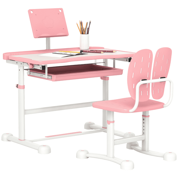 Kids Bedroom Furniture Qaba Kids Desk and Chair Set, Height Adjustable Kids School Study Desk and Chair Set with Tilt Desktop, Storage Drawer & Book Stand for Writing, Reading and Drawing, Pink,Baby
