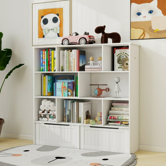 Kids Bedroom Furniture Toy Storage Organizer with 2 Movable Drawers, Multi-Functional 7 Shelf Kids Bookcase with 2 Hooks, Children Book Shelf for Kids Room, Nursery Storage Book Rack for Playroom, Cl