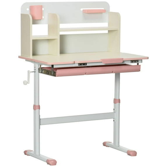 Kids Bedroom Furniture Wooden Kids Study Desk, Height Adjustable Children School Study Table, Student Writing Desk with Tilt Desktop, Drawer, Storage Shelf, Pen Holder, Pink,Baby Cribs