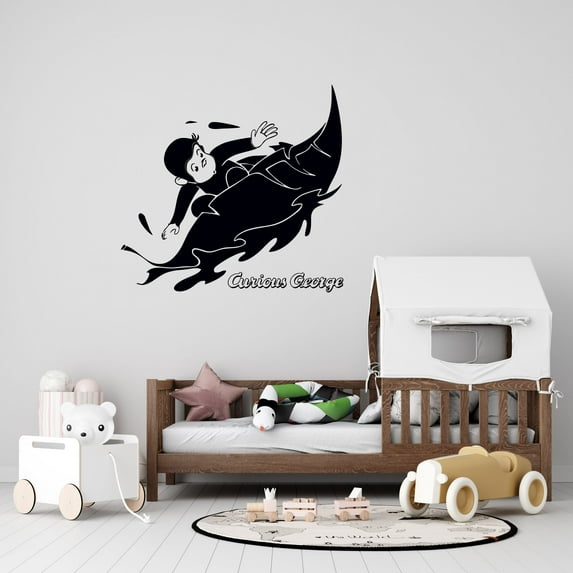 Kids Bedroom George In Banana Leaf Boat Wall Decal - 18" x 20" Vinyl Adhesive Curious George Story Book Home Decor Art Design | Removable Nursery Monkey Ape Decoration Sticker