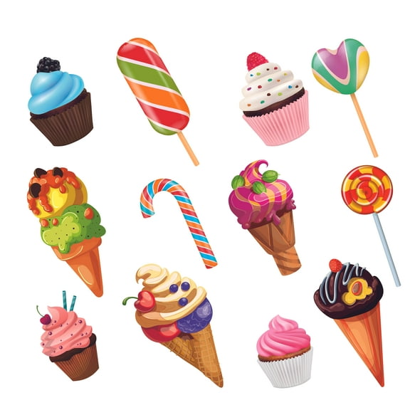 Kids Bedroom Home Art Ice Cream Cones Lollipop Cupcakes & Candies Wall Decal Design - 19" x 20" Removable Assorted Sweets Pastries & Desserts Vinyl Living Room Decor Wall Decoration Sticker