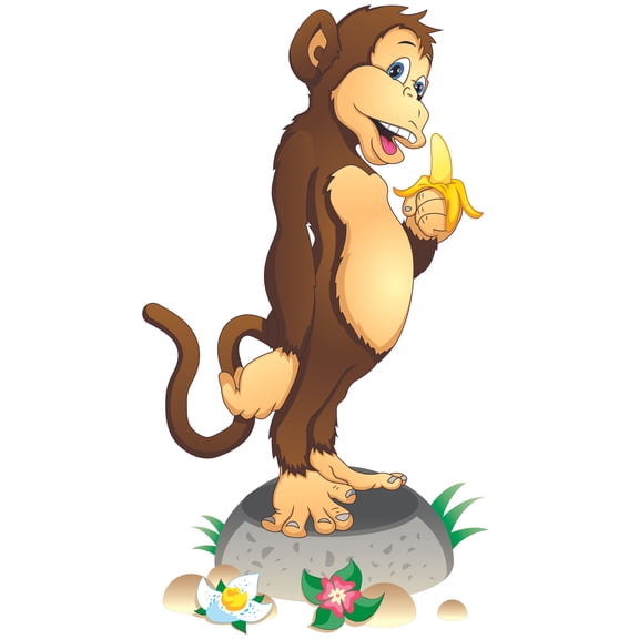 Kids Bedroom Living Room Ape Jungle Animal Banana Eating Monkey Decor Design Vinyl Wall Decal Sticker | 20" x 35" Adhesive Home Art Chimpanzee Removable Wall Decoration Sticker - Multicolor