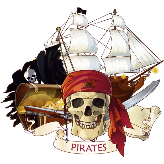 Kids Bedroom Living Room Pirate Skull Decoration Pirate Ship Flag Treasure Chest Gun And Sword Design Vinyl Wall Decal | 22" x 28" Home Bedroom Playroom Multicolored Decor Art Adhesive Wall Sticker