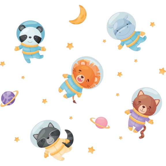 Kids Bedroom Multicolored Animal Space Astronauts Decoration Design Removable Vinyl Wall Decal Sticker - 22" x 28" Adhesive Home Living Room Outer Space Planets Moon Stars Cartoon Art Wall Decor