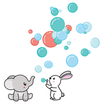 Kids Bedroom Nursery Baby Rabbit And Elephant Decor Multicolored Bubbles Design Removable Vinyl Wall Decal - 20" x 21" Adhesive Home Living Room Young Animals Decoration Repositionable Wall Sticker