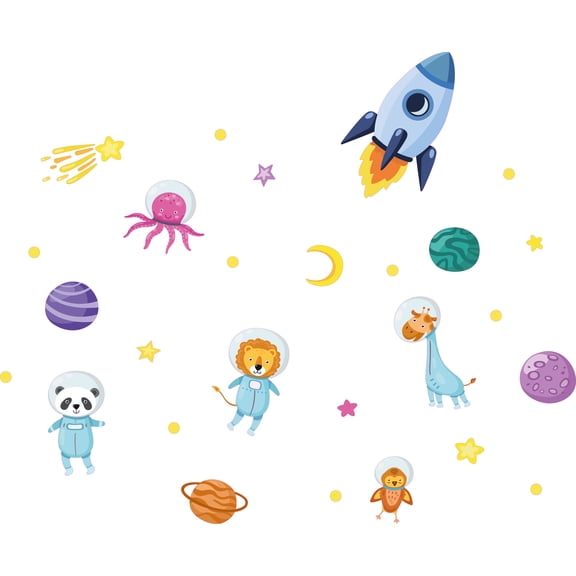 Kids Bedroom Nursery Space And Animals Themed Vinyl Decoration Cartoon Style Design Removable Wall Decal - 20" x 28" Home Living Room Outer Space Animal Astronaut Multicolored Wall Decor Sticker