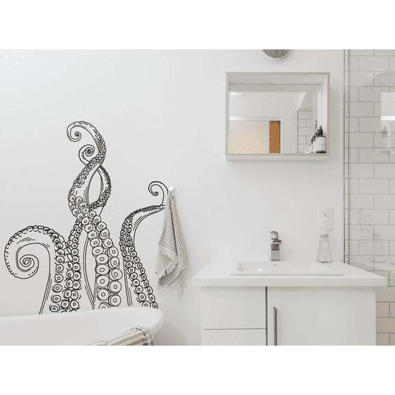 Kids Bedroom Octopus Vinyl Wall Art Decal - 20 Inches x 25 Inches Adhesive Home Wall Living Room Tentacles Squid Kraken Marine Animal Decor Design Removable Decoration Sticker - Black